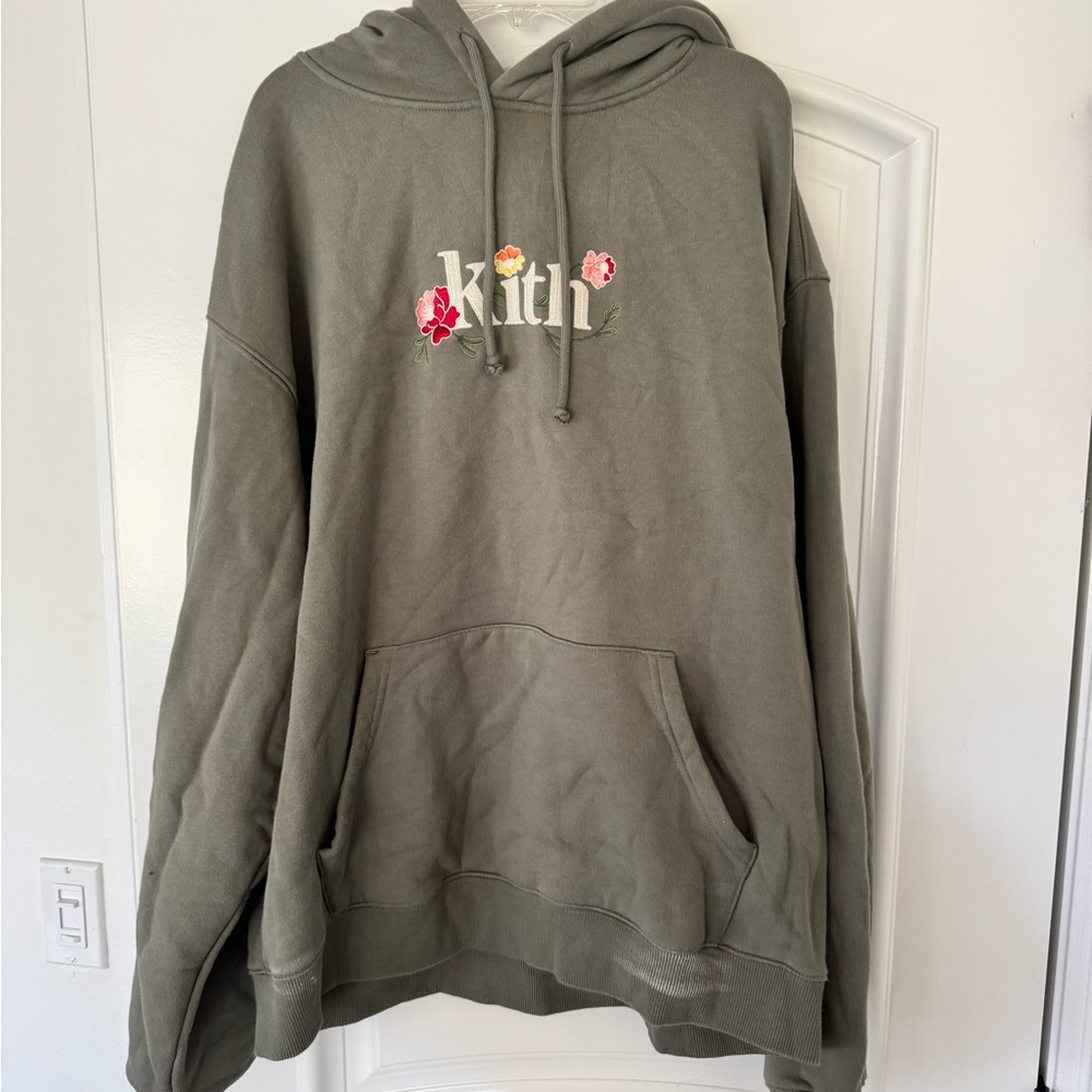 Kith Sage Green Hoodie with Floral Embroidery